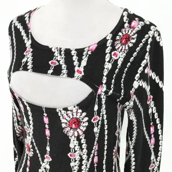 Cache Sweater Womens Medium Black Pink Low Cut Out Jewelry Print Pullover - Picture 8 of 11